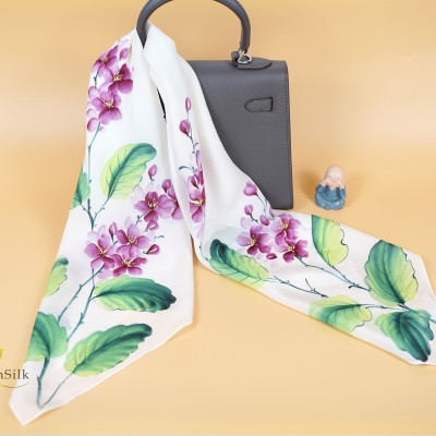 Khăn Lụa Cao Cấp Vẽ Tay Hoa Bằng Lăng – Silk Painting, Khăn Vuông Lụa 75*75cm