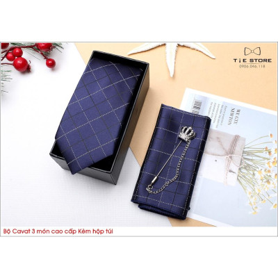 Ca Vat bộ 3 món kèm hộp túi xách cao cấp, quà tặng chú rể, Cavat họa tiết xanh đen caro