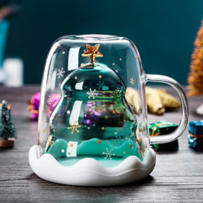 Ly thủy tinh cây thông giáng sinh 300ml siêu đẹp cao cấp kèm nắp