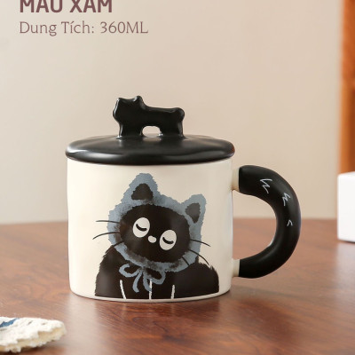 Ly Gốm sứ Mèo kèm nắp Mèo dễ thương 360ml