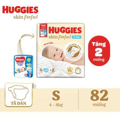 Combo 3 gói Tã/bỉm dán sơ sinh Huggies Skin Perfect  S 80+2 miếng với 2 vùng thấm giảm kích ứng da