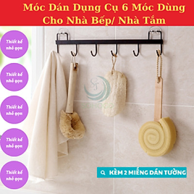 Giá Treo Dụng Cụ Nhà Bếp Dán Tường 6 Móc -Thanh Treo Đa Năng Gắn Tường Không Cần Khoan -Móc Treo Dán Tường Tiện Lợi