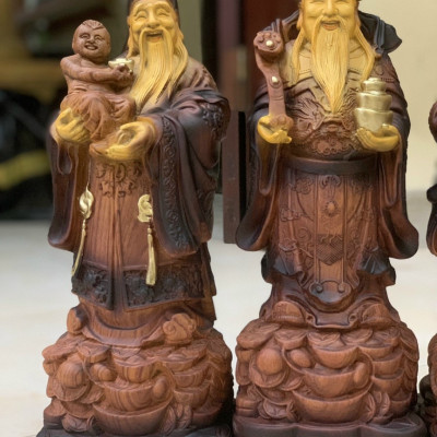 Tượng phật tam đa phúc lộc thọ bằng gỗ hương đá tô làm mầu giả cổ kt 40×15×13cm