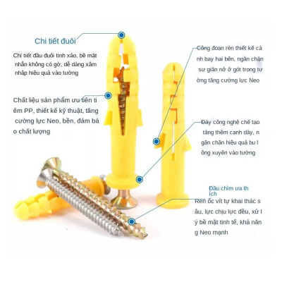 Set 10 Vít Inox 304 Kèm Nở Nhựa màu Vàng 6 - 8mm - Hàng Tốt, Vít Inox Nở Treo Tường Chắc Chắn, Chống Gỉ, Tiện Dụng Trong Gia Đình - TakyHome 5080