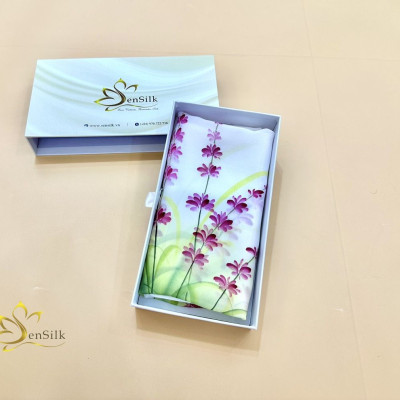 Hand Painted Silk Scarf - Khăn Lụa Cao Cấp Vẽ Tay Hoa Oải Hương SenSilk 160x55cm, Quà Việt Nam Tặng Khách Nước Ngoài