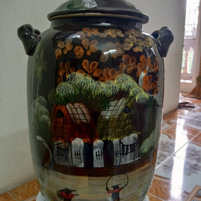 Hũ đựng rượu, gạo vẽ phong cảnh gốm sứ Bát Tràng loại 20L (15 Kg gạo)