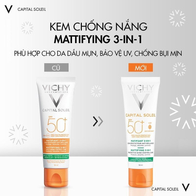 Kem Chống Nắng Vichy Chống Bụi Mịn Cho Da Dầu Mụn Capital Soleil Mattifying 3 in 1 SPF50+ 50ml