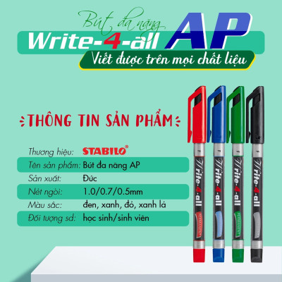 Hộp 10 Bút kỹ thuật STABILO Write-4-all PERMANENT S 0.5mm (AP166S/10) - Xanh