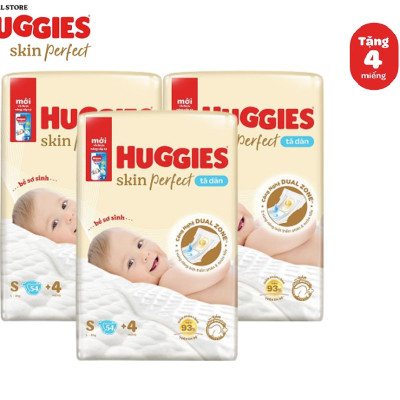 Combo 3 gói Tã/bỉm dán sơ sinh Huggies Skin Perfect S 54+4 miếng với 2 vùng thấm giảm kích ứng da