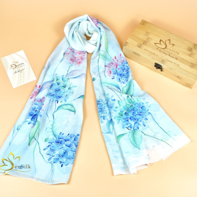 Khăn Lụa Vẽ Thủy Ấn Cẩm Tú Cầu - Tuyệt Phẩm Lụa Việt, Quà Việt Nam, Tinh Hoa Làng Nghề Việt