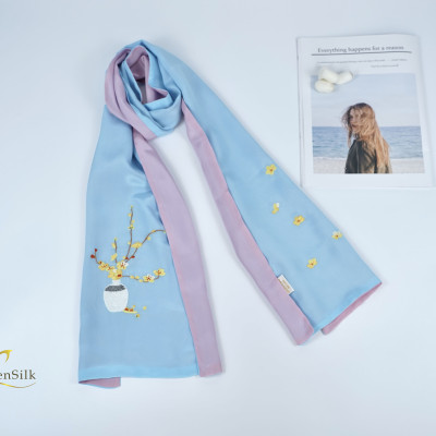 Khăn Lụa Cao Cấp 2 Màu Thêu Hoa Mai – Quà Tặng Phú Quý, Khăn Thêu Tay, Khăn Thêu Thủ Công