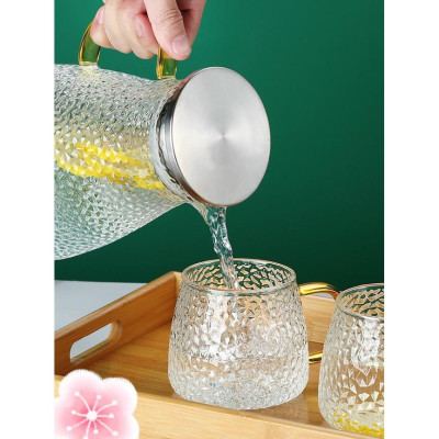 Bình đựng nước uống thủy tinh vân hạt gạo cao cấp nắp inox quai vàng