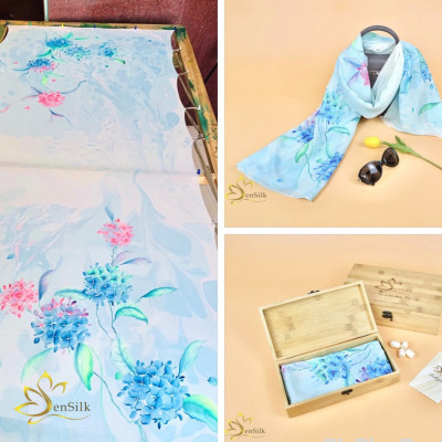 Khăn Lụa Vẽ Thủy Ấn Cẩm Tú Cầu - Tuyệt Phẩm Lụa Việt, Quà Việt Nam, Tinh Hoa Làng Nghề Việt