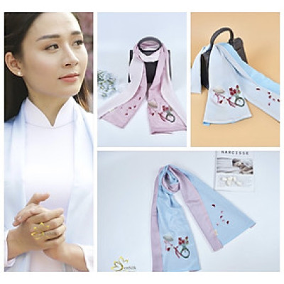 Khăn Lụa Thêu Handmade Cô Gái Nón Lá 2 Màu Sen Silk, 100% Silk Scarf Embroidery, Quà Tặng Thủ Công, Khăn Lụa Đẹp Thêu Tay