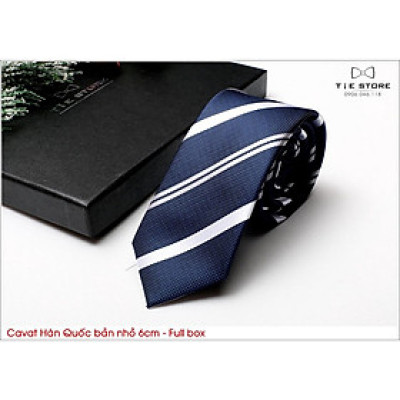 Cavat Hàn Quốc bản nhỏ 6cm chuẩn công sở, chú rể - Cavat xanh kẻ trắng cao cấp Full box