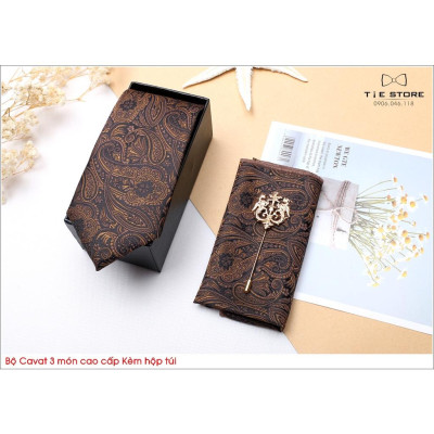 Ca Vat bộ 3 món kèm hộp túi xách cao cấp, quà tặng chú rể, Cavat nâu họa tiết