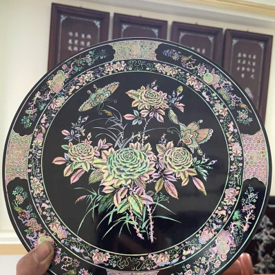 Tráp tròn gỗ trắc khảm ốc đỏ kt mặt tròn 30 cao 11.6cm 