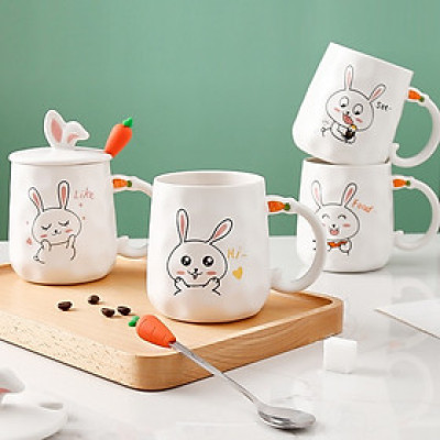 Ly cốc sứ thỏ có nắp sứ và muỗng Inox - món quà ý nghĩa