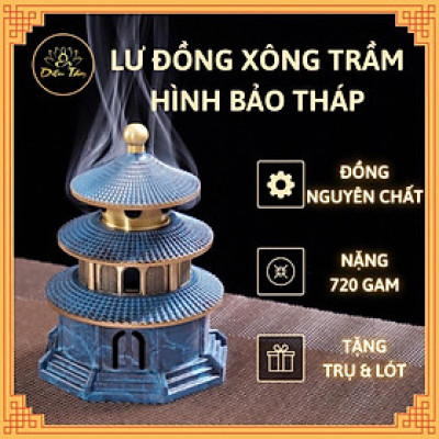 Lư xông trầm đồ thờ cúng bằng đồng hình bảo tháp sơn xanh phụ kiện trang trí ban thờ, bàn làm việc