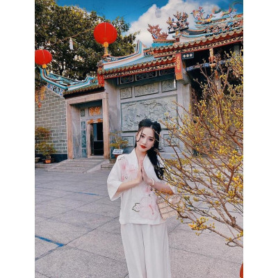 Đồ Lam Nữ Đi Chùa  SJ 01 Cao Cấp Trang Nhã Vải Lụa Hoa Nổi