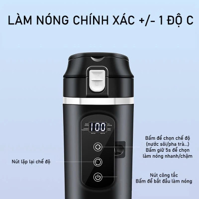 Bình Đun Nước Xe Hơi 12V/24V 500ML SUS304 4 Chế Độ Nhiệt Tự Ngắt Khi Sôi Dùng Cho Xe Tải Xe Khách Đường Dài