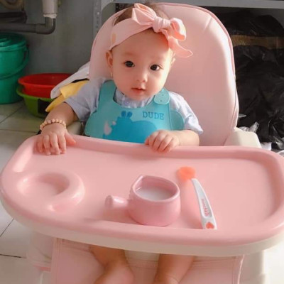 Ghế Ăn Dặm, Ghế Ăn Nâng Hạ Độ Cao Có Nệm Và Bánh Xe - Màu Hồng (Tặng Thìa Ăn Dặm Báo Nóng)