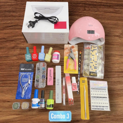Combo Dụng Cụ Làm Nail Cá Nhân Số 3, Bộ Phụ Kiện Cơ Bản Cho Học Viên Tại Nhà, Gồm Máy Hơ Sun 5, Sơn 4 Màu, Bút Chấm Đá Nữ