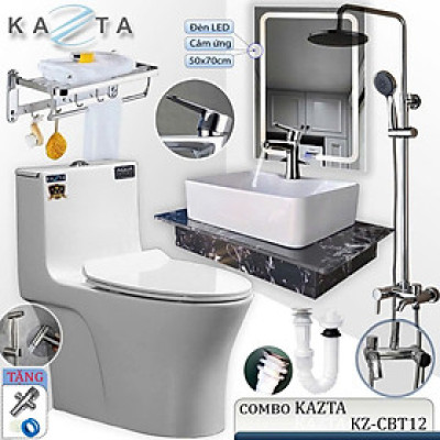 COMBO Thiết Bị Nhà Tắm Cao Cấp KAZTA KZ-CBT12: Bồn cầu xả xoáy nắp êm, Lavabo đặt bàn đá, Sen tắm đứng nóng lạnh, Kèm phụ kiện khác