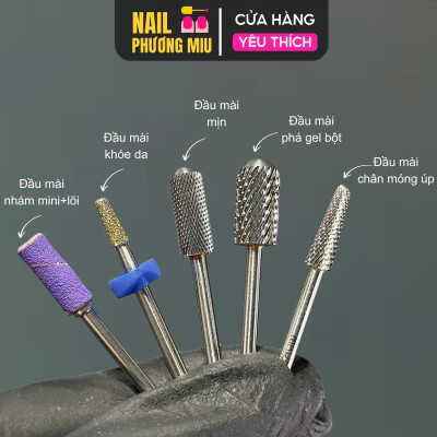 Combo 5 Đầu Mài Titan Cao Cấp Tặng Chổi, Tặng Hộp Đựng Đầu Mài, Kèm 50 Nhám Tím Mini 120/240 Làm Nail PHƯƠNG MIU, Đầu Mài Mịn