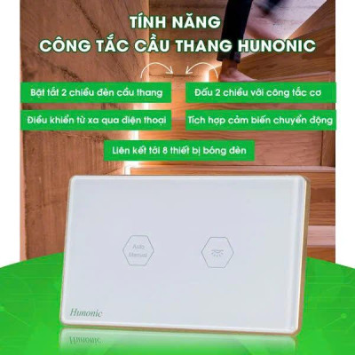 Công Tắc Cầu Thang Wifi Hunonic Viền Vàng Liên Kết Đảo Chiều Không Cần Mạng Internet