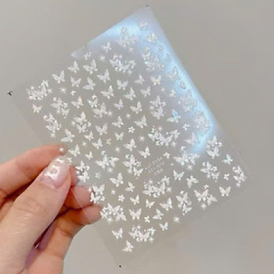 Sticker 5D Bướm Hồ Điệp MS803 Lấp Lánh Cực Quang Trắng Hồng Làm Nail Siêu Xinh, Hình Dán Móng Cánh Bướm Phản Quang Mix Size