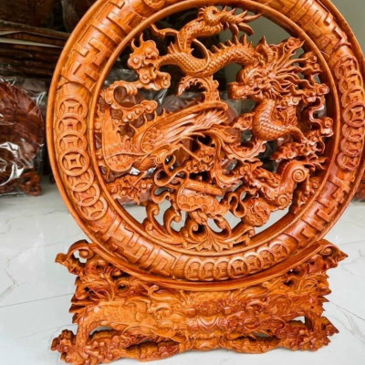 Đĩa trạm khắc tứ linh trang trí phong thủy bằng gỗ hương đá kt mặt tròn 40×4cm
