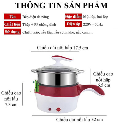 Nồi Lẩu Điện Đa Năng, Ca Nấu Mì Tiện Lợi Kèm Giá Hấp Có Tay Cầm Tiện Dụng 18cm, Nồi Lẩu Hấp Mini 2 Tầng Cao Cấp- Hàng Chính Hãng