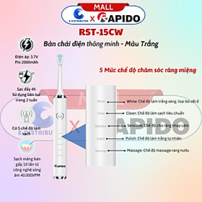 Máy Tăm nước cầm tay Rapido RWG150/RWW-300 - Bàn chải điện thông minh RST-15CW Trắng/RST-15WB Đen - Hàng Chính Hãng - bảo hành 6 tháng
