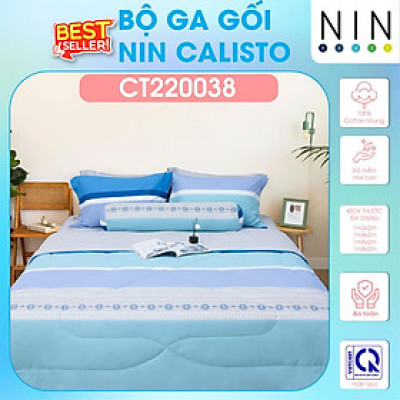 NEW 2024 Bộ 3,4 món drap cotton, áo gối NIN Calisto CT220038 1m2, 1m4, 1m6, 1m8 bọc nệm bo chun, cao cấp
