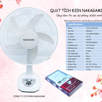 Quạt sạc tích điện 16 inch Nakagami chất lượng công nghệ Nhật Bản có đèn LED và USB - Hàng chính hãng