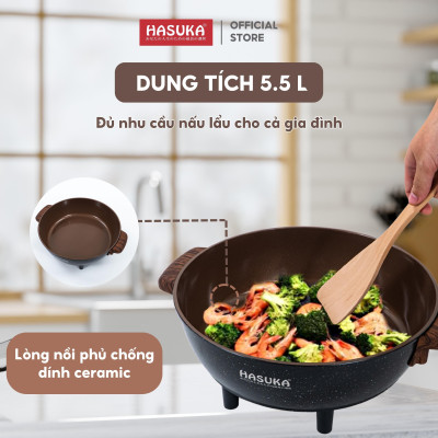Lẩu điện đa năng HASUKA HSK-355 công suất 1500W, dung tích 5,5L chống dính, đa chức năng  nấu nướng (Bh 12 tháng) - HÀNG CHÍNH HÃNG