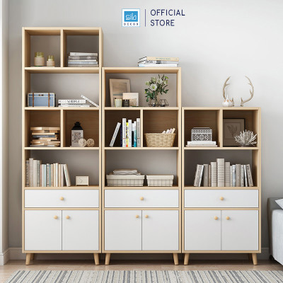 Kệ Sách Gỗ Đứng Nhiều Ngăn Hiện Đại Màu Trắng Phối Vân Gỗ Sồi Thương Hiệu SIB Decor KSG39