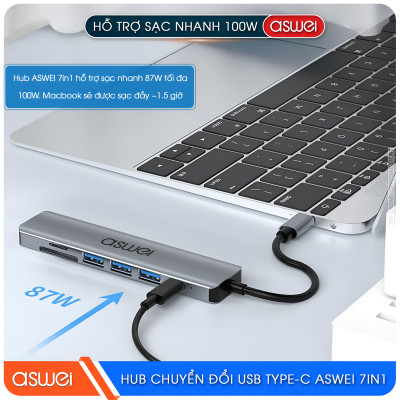 Hub Chuyển Đổi USB Type C ASWEI 7 in 1 - HDMI, USB 3.0, SD, TF, USB C, PD 100W Tốc Độ Cao - Hàng Chính Hãng