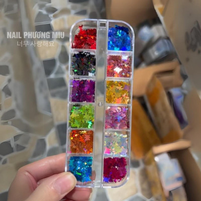 Set Kim Tuyến 12 Màu Lá Phong Bướm Sequin Làm Nail Siêu Lấp Lánh, Lá Thông Siêu Mỏng Dễ Đắp, Tạo Móng Sinh Động