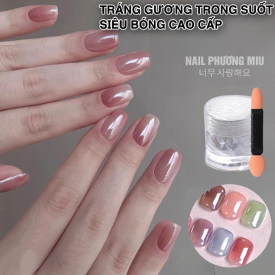 Tráng Gương Trắng Trong Suốt Hạt Siêu Mịn Cao Cấp Làm Nail Bóng Lấp Lánh Tặng Kèm Cọ Chà, Kết Hợp Cùng Nền Sơn Thạch Tạo Hiệu Ứng Móng Sáng Loáng