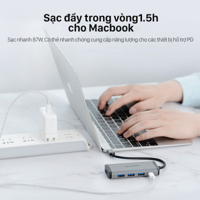 Cáp chuyển đổi Type-C sang HDMI + 3 cổng USB 3.0 + Type-C PD  Vention CNBHB - hàng chính hãng