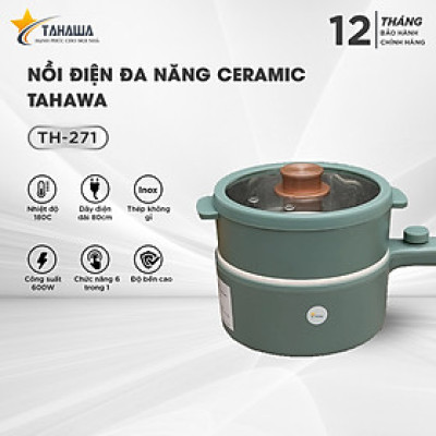 Nồi điện ceramic đa năng Tahawa TH-271 1.5 lít xanh với thiết kế xinh xắn nhỏ gọn, thuận tiện đặt trên bàn ăn, điều khiển bằng núm xoay dễ dùng, có xửng hấp kèm theo, giúp bạn chế biến những món ăn như mì, lẩu, món xào,...