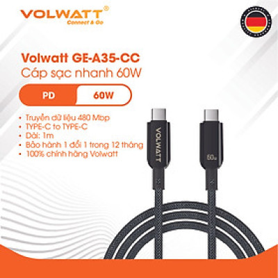 Cáp sạc nhanh 60W Volwatt GE-A35-CC hàng chính hãng | Cáp Type-C to Type-C có LED hiển thị công suất, dây nylon bền bỉ, truyền dữ liệu 480Mbps – BH 12 tháng