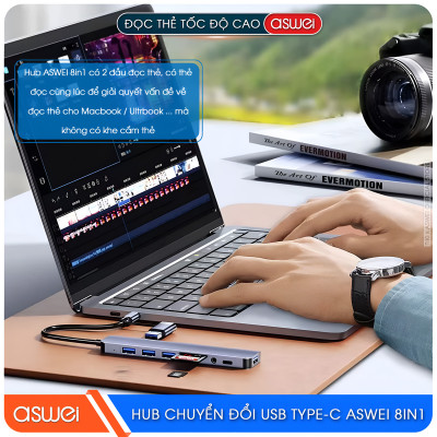Hub Chuyển Đổi USB Type C ASWEI 8 in 1 - USB 3.0, SD, TF, USB C, Audio 3.5 Tốc Độ Cao - Hàng Chính Hãng