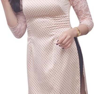 Combo 2 Áo Dài Lụa Chấm Bi FATRALY - Nude + Ví Cầm Tay