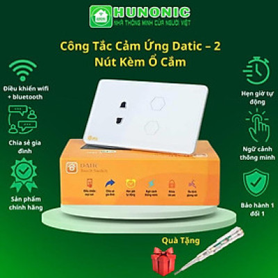 Ổ Cắm Tích Hợp 2 Nút Công Tắc Wifi Hunonic Datic Bật Tắt Từ Xa Trên Điện Thoại & Ra Lệnh Giọng Nói
