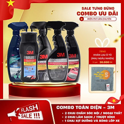  Bộ 5 món chăm sóc xe toàn diện gồm chống bám nước, rửa kính, đánh bóng sơn, vệ sinh da nội thất, lốp xe 3M 3M-CBTDM - tặng khăn lau ô tô chuyên dụng