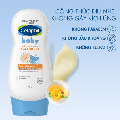 Cetaphil Baby tắm gội hữu cơ Organic - Cetaphil Baby Wash & Shampoo  with Organic Calendula Hair & Body 230ml