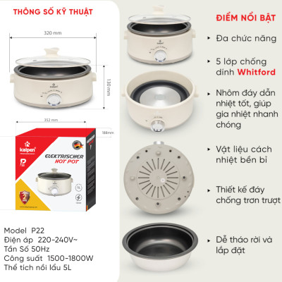 Nồi lẩu điện đa năng Kalpen 5L công suất 1800W, khay lẩu tháo rời, bảo hành 24 tháng - Hàng chính hãng